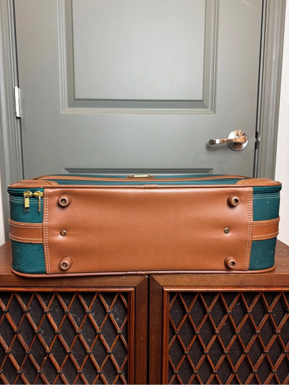 Jaguar Luggage Suitcase Travel Bag Green With Leather Trim - Vintage Luggage